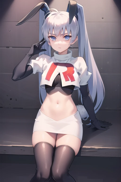 solo, Yashiro Kasumi, twintails, blue eyes, white hair, fake rabbit ears, team rocket,team rocket uniform,white skirt,red letter R,crop top,black thigh-highs,black elbow gloves