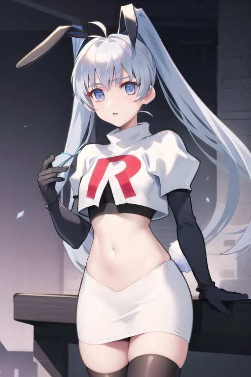 solo, Yashiro Kasumi, twintails, blue eyes, white hair, fake rabbit ears, team rocket,team rocket uniform,white skirt,red letter R,crop top,black thigh-highs,black elbow gloves