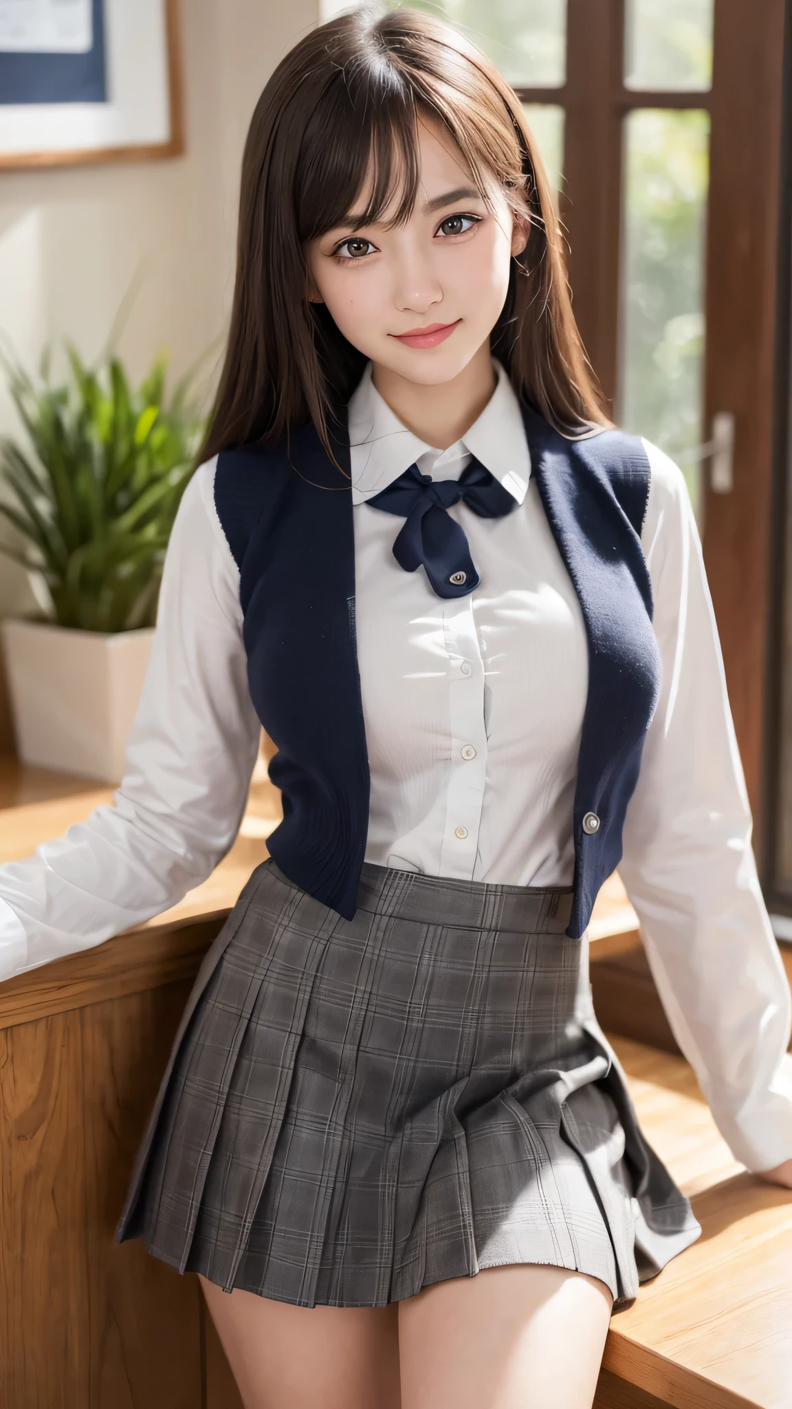 (1girl), (round eyes:1.2), (highly detailed face and eyes), smile, Amazing face and eyes, (school uniform, skirt:1.3), cleavage, (Best Quality:1.4), (Ultra-detailed), (extremely detailed CG unified 8k wallpaper), Highly detailed, High-definition raw color photos, Professional Photography, Realistic portrait, Amazing face and eyes, indoors, (casual room, cute wallpapers:1.3), (A moment of relaxation), model, depth of fields, (fine face:1.2),
