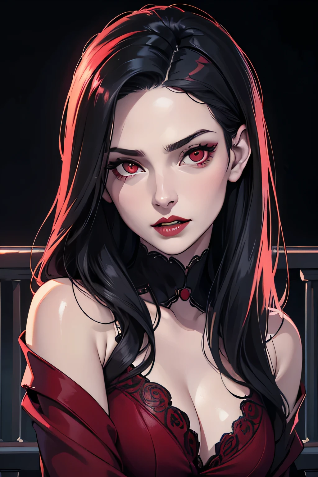 (close up, portrait, digital art, digital illustration, 4K, 8K, super detailed, beautiful images, clear image, realistic, RAW photo, perfect face, perfect lines, perfect eyes, soft lighting) ,1 female,(long black hair,40 years old,(manor background),vampire woman,leaning on the balcony,scary red eyes,vampire fangs,pale skin,eerie red eyes,red lips,menancing,cleavege,big breasts,sexy,looking at the viewer,baring her teeth,nighttime
