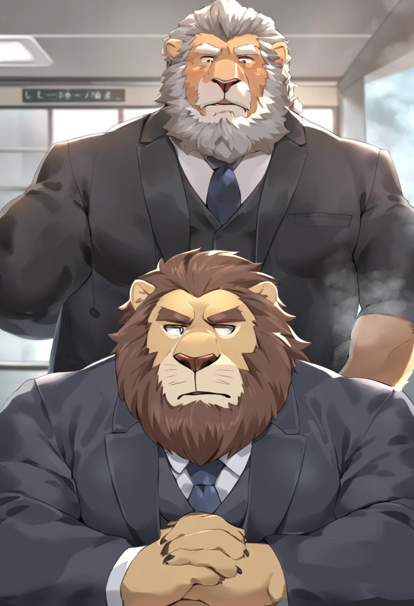 lion，personification，Mature male，Strong Man，Thick beard，Cold expression，Gray pupils，Brown eyebrows，Black suit suit，The Age of Steam，Hospital Office。