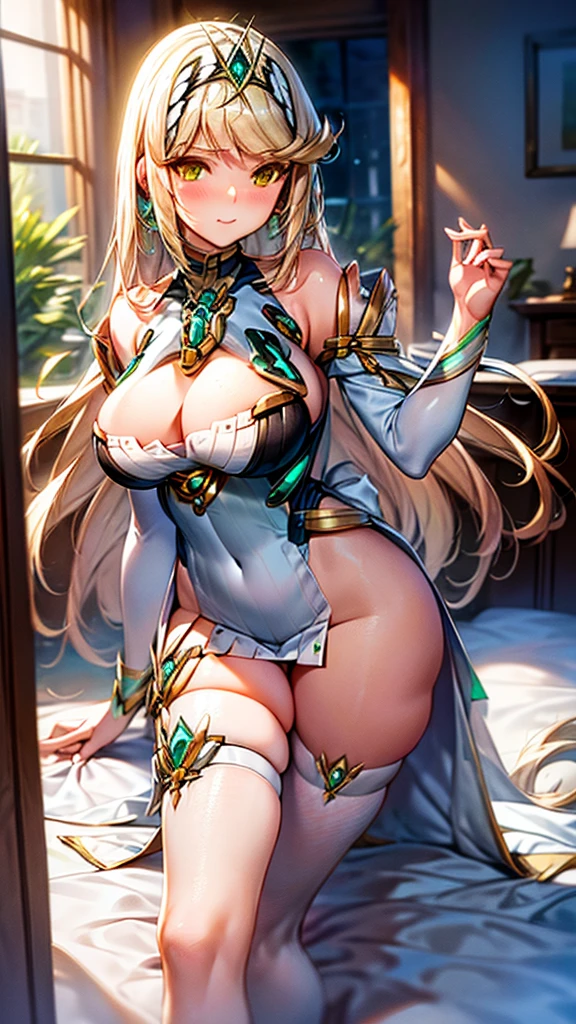Mythra the Xenoblade, blonde, neckleace, breasts big, big hair, sexy hentai girl, best qualityer