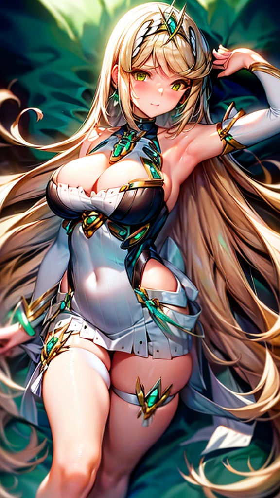 Mythra the Xenoblade, blonde, neckleace, breasts big, big hair, sexy hentai girl, best qualityer