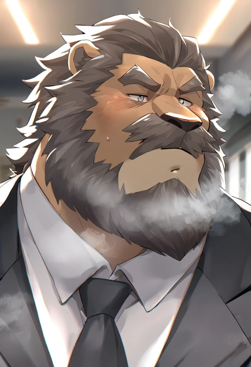 lion,personification,Mature male,Strong Man,Thick beard,Cold expression,Gray pupils,Brown eyebrows,Black suit suit,The Age of Steam,Hospital Office。