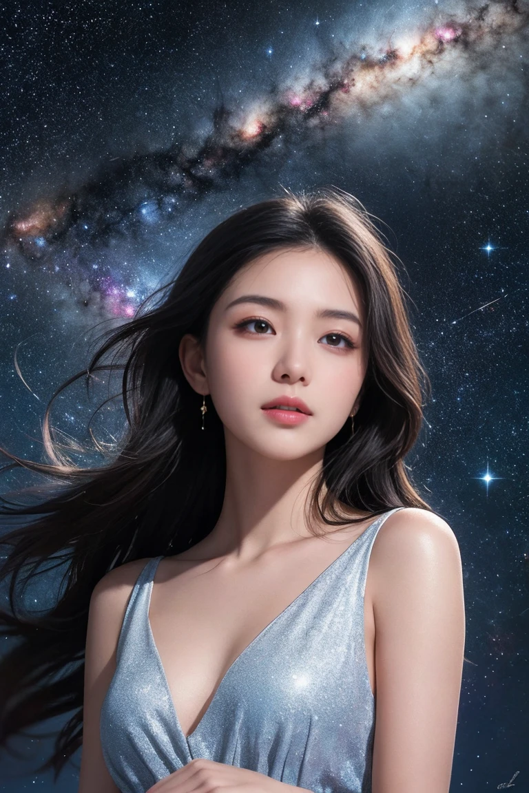 High Detail, Super Detail, Ultra-high resolution, Girl enjoying time in fantasy galaxy, Surrounded by stars, The warm light shines on her, Background is starry sky，There are colorful galaxies and galaxy clouds, Stars flew around her, Delicate face, Add a fun atmosphere , 