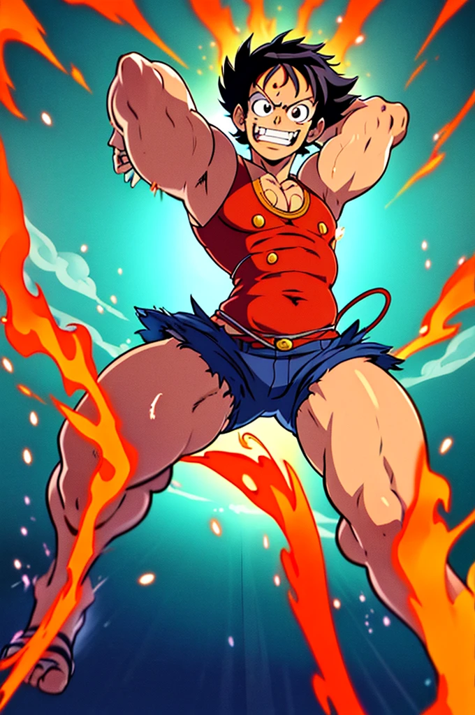 Monkey D. Luffy em sua forma Gear 5, as seen in One Piece. He's in a dynamic pose, with his body engulfed in red and black flames, emanating an intense aura. Luffy has his characteristic confident and determined smile, eyes shining with energy. Your straw hat is firmly placed on your head, and he&#39;s wearing his iconic pirate costume, with the straw hat flag visible. The background shows a tumultuous maritime environment, with waves and dark clouds, highlighting your aura of power. Image quality is detailed, with crisp textures and vibrant colors, capturing the full intensity of the moment.
