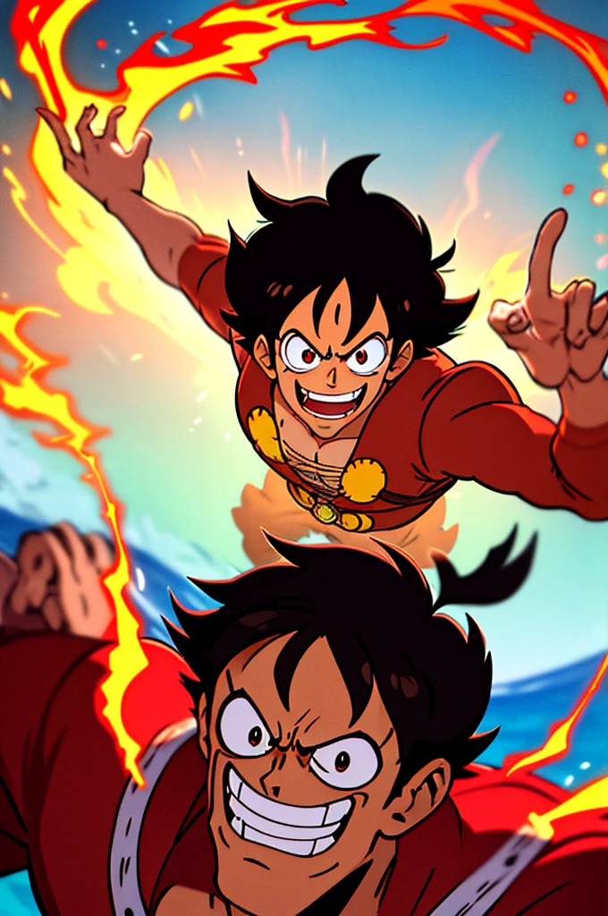 Monkey D. Luffy em sua forma Gear 5, as seen in One Piece. He's in a dynamic pose, with his body engulfed in red and black flames, emanating an intense aura. Luffy has his characteristic confident and determined smile, eyes shining with energy. Your straw hat is firmly placed on your head, and he&#39;s wearing his iconic pirate costume, with the straw hat flag visible. The background shows a tumultuous maritime environment, with waves and dark clouds, highlighting your aura of power. Image quality is detailed, with crisp textures and vibrant colors, capturing the full intensity of the moment.
