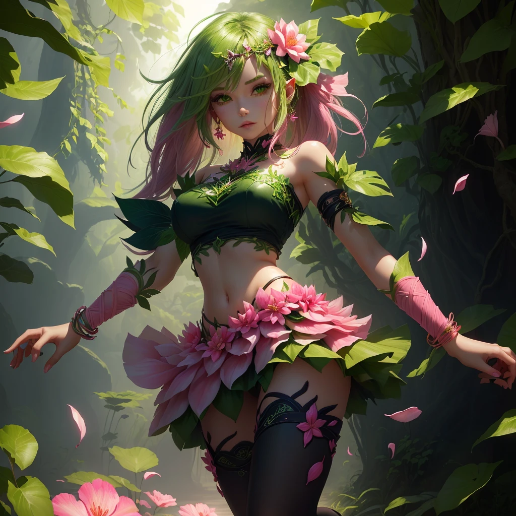 A woman with a pink petal crop top and short skirt, And pink petal bracelets on her wrists and ankles, She has green vines merged with her skin (Green Energy Veins), Alraune, Fantasy Plant species.
