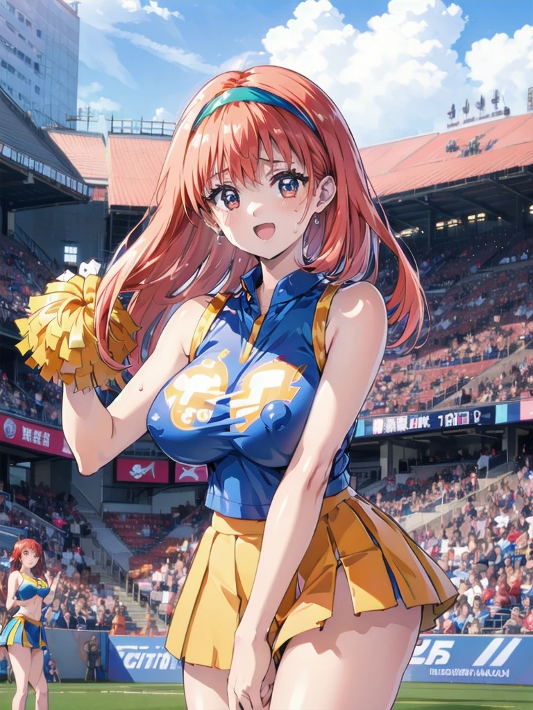 Very cute and beautiful cheerleader girl,(Very exquisite beautiful face and eyes:1.2),(Holding a pom-pom:1.2),(Laugh together),((Big Breasts))、((Sweating all over the body))
(Stadium Stand),Cowboy Shot,Dynamic pose,zettai ryouiki,(Orange sleeveless shirt),Beautiful legs,Skirt flip,White panties,Dynamic Angle,Redhead、Yellow headband、
(Highest quality,masterpiece:1.2),Intricate details,Very detailed,High resolution,1 Girl,Looking at the audience,
Natural light,Hair blowing in the wind,Beautifully detailed skies,