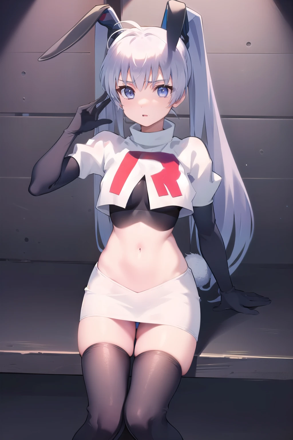 solo, Yashiro Kasumi, twintails, blue eyes, white hair, fake rabbit ears, team rocket,team rocket uniform,white skirt,red letter R,crop top,black thigh-highs,black elbow gloves