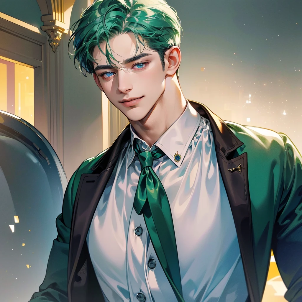 (best quality, masterpiece, 8K, photorealistic, cinematic lighting, 1:4 hdr image, ultra detailed, beautiful image), a mature man, 25 years very handsome, ((cold expression smile in love)), short green hair, blue eyes, face perfect without mistakes, ((buttoning his jacket, CEO)), smile.