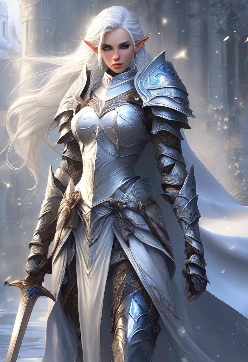 female noble Elf, full body art, silver hair, white skin, saphire eye, knight full plate adorned armor, white cape, perfectly detailed body.