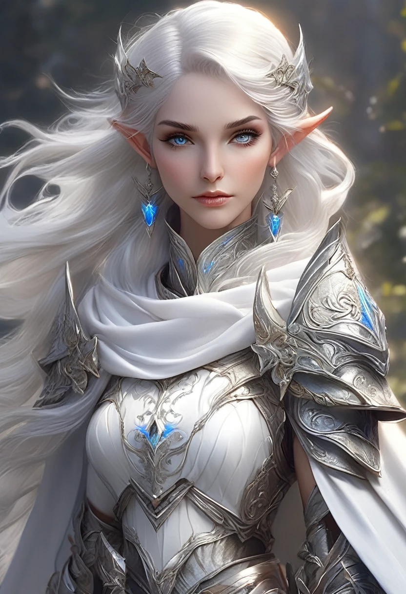 A female elf with white hair, blue eyes, beauty face, white skin. Wearing expensive cloak and ancient wand. Her hair covering one of her eyes and icy gaze.