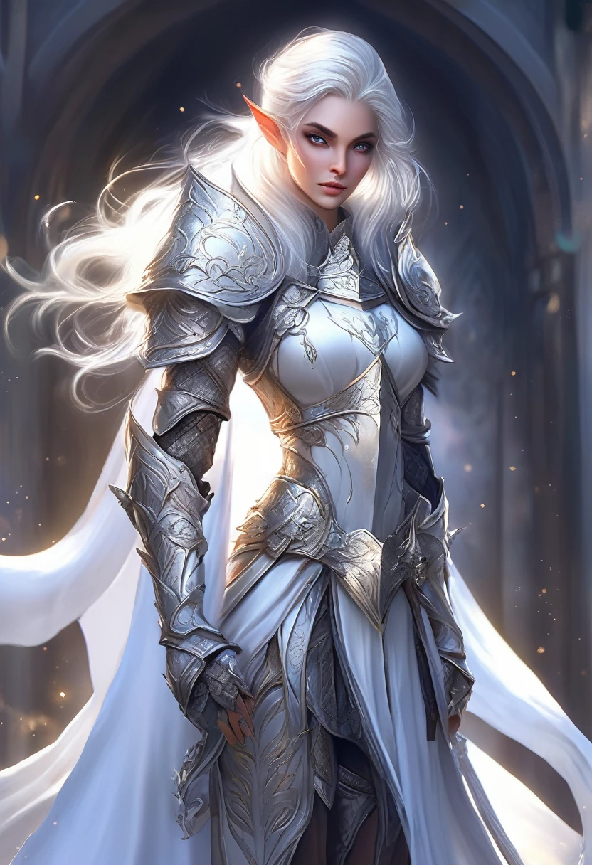 female noble Elf, full body art, silver hair, white skin, saphire eye, knight full plate adorned armor, white cape, perfectly detailed body.