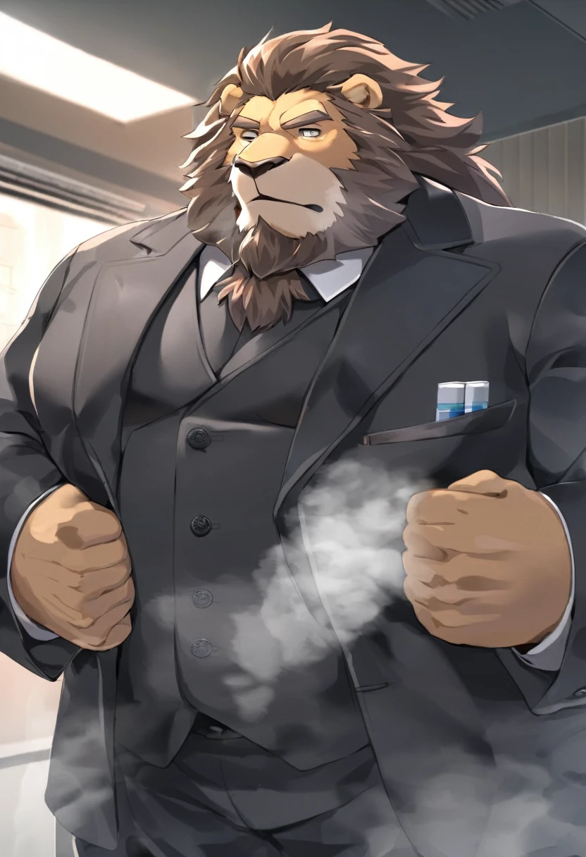 lion,personification,Mature male,Strong Man,Thick beard,Cold expression,Gray pupils,Brown eyebrows,Black suit suit,The Age of Steam,Hospital Office。