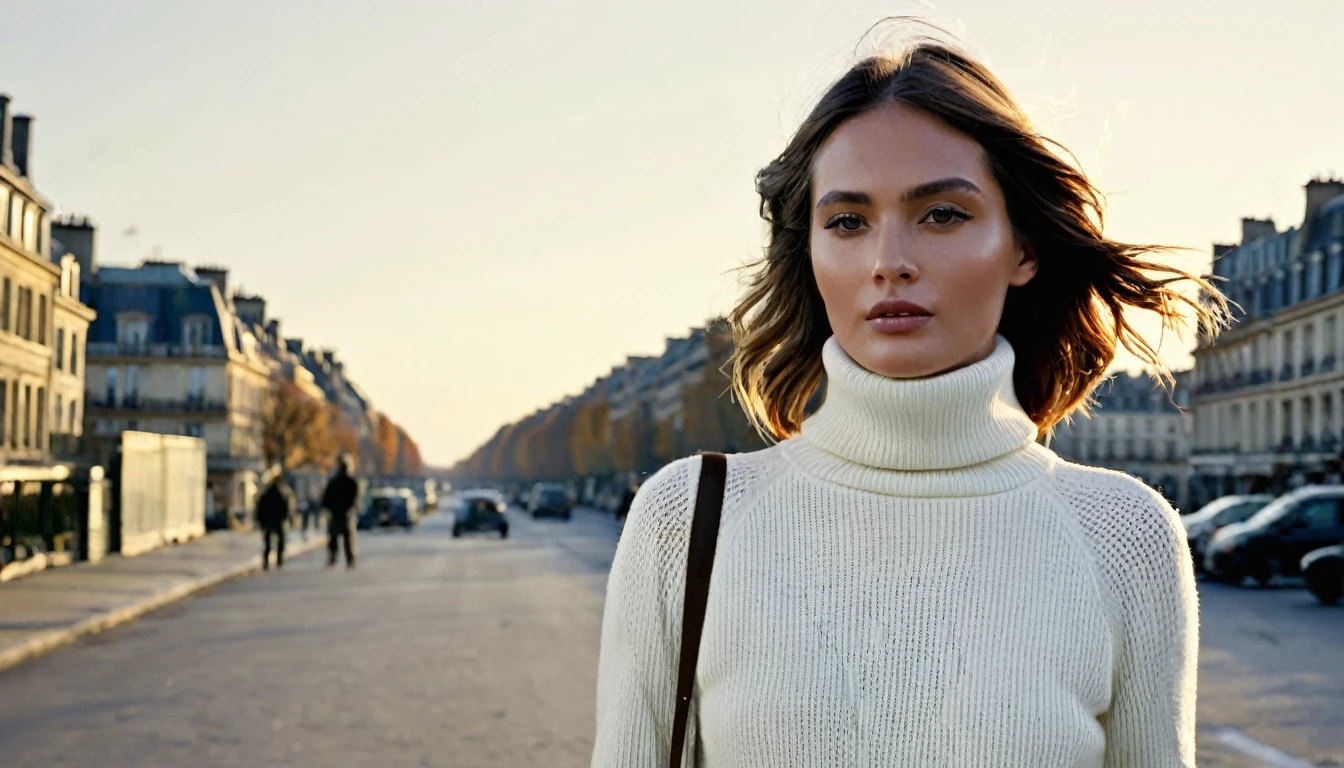1918 Army phone operators, Camp Devens, MA. create a high quality photography of a female fashion model wearing white turtle neck sweater walking in on the street of Paris. The photography style is future dusk