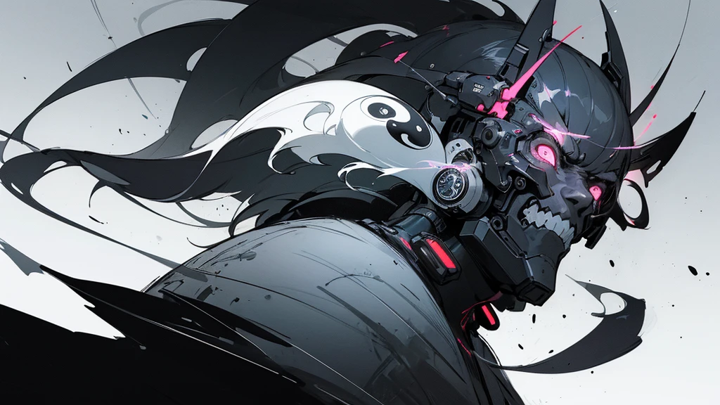 no person, inanimate, yin and yang, techno, cyberpunk, digital, electric, ink splatter, ink, black and white illustration, sketch, highly detailed, high quality, masterpiece, inky, line art, strong line art, flowing, beautiful, picturesque