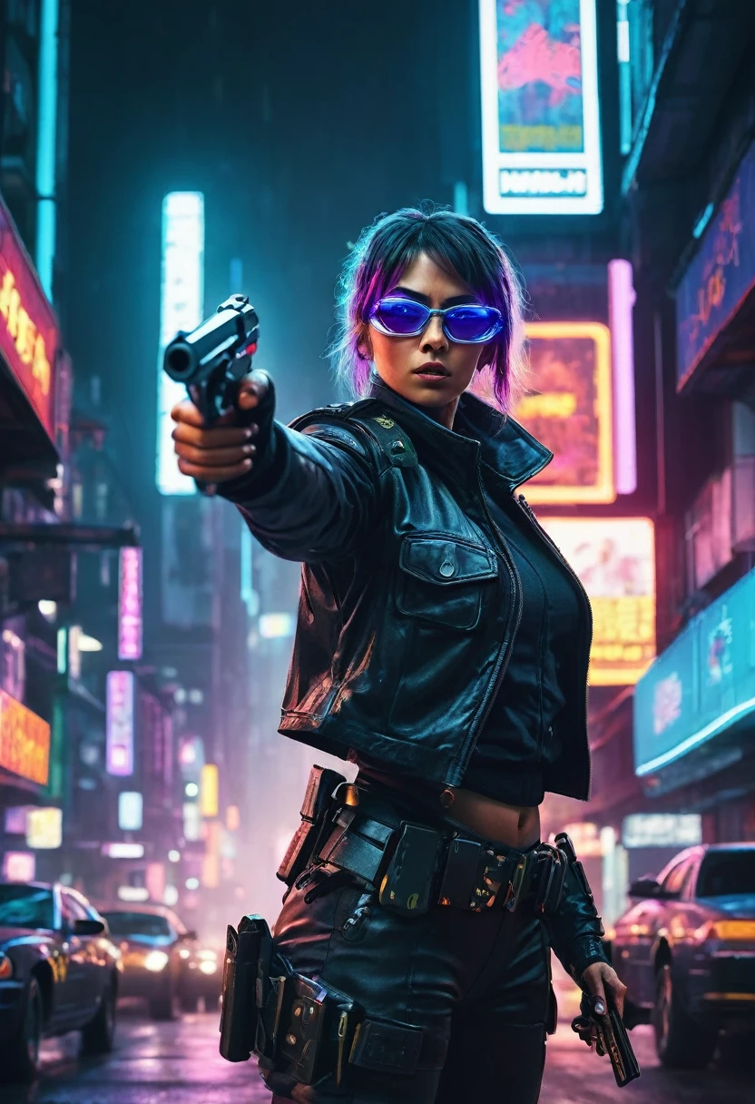 In the cyberpunk city, a police woman, point her revolver at a criminal, It’s night and the lights of the flashing lights illuminate her face, wearing glasses