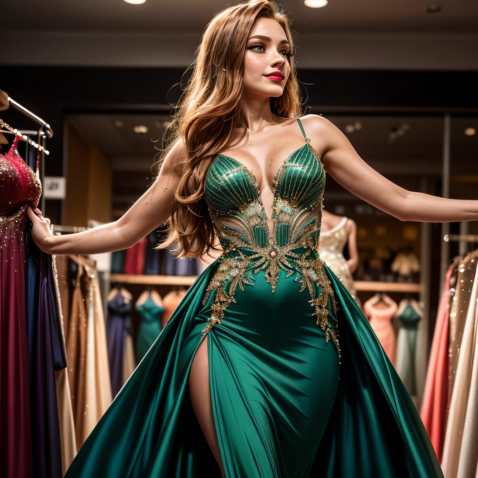 (masterpiece, photorealistic:1.4, extremely intricate:1.3), (photon mapping, radiosity, physically based rendering, ultra resolution, hyper-realistic, 8K), (((supermodel nineteen ((((green evening gown, shopping in a store, [from below:side view:0.2]))), smirking, 19 years old, bright red lips)), long eyelashes, makeup:1.1)), ((([skin detail:freckles:0.7]))), ((indoor, store)), professional photograph elegant:1.2 age athletic, (long straight hair [blonde hair:bright ginger hair:0.1]), BREAK ((((film grain)), sharp focus, dramatic, award winning, cinematic, sunrise), bokeh, blurry background, interaction)