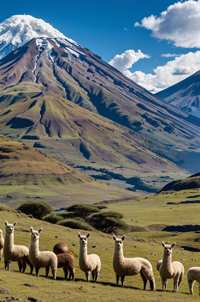 Natural landscape in Cotopaxi with llamas and farmers