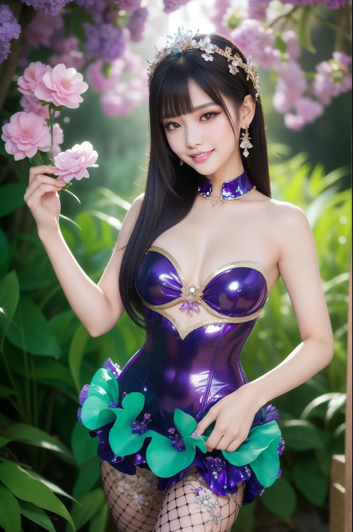 y stylish Thai model who controls poison、beautiful smile、lipgloss、long lashes、dramatic makeup、look at the camera、full body Esbian、、sparkling poisoned enchanted lucid flower costume with flowers、、、、shiny sparkling colorful short hair、secrete poison、skull hair accessories、fishnet tights、shiny sparkling dark magic forest background