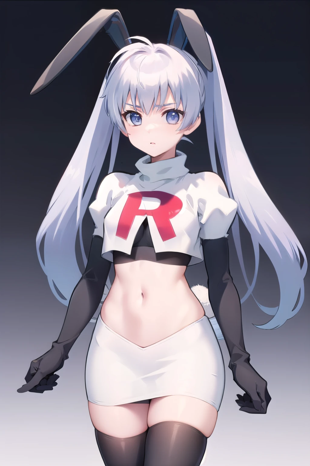 solo, Yashiro Kasumi, twintails, blue eyes, white hair, fake rabbit ears, team rocket,team rocket uniform,white skirt,red letter R,crop top,black thigh-highs,black elbow gloves