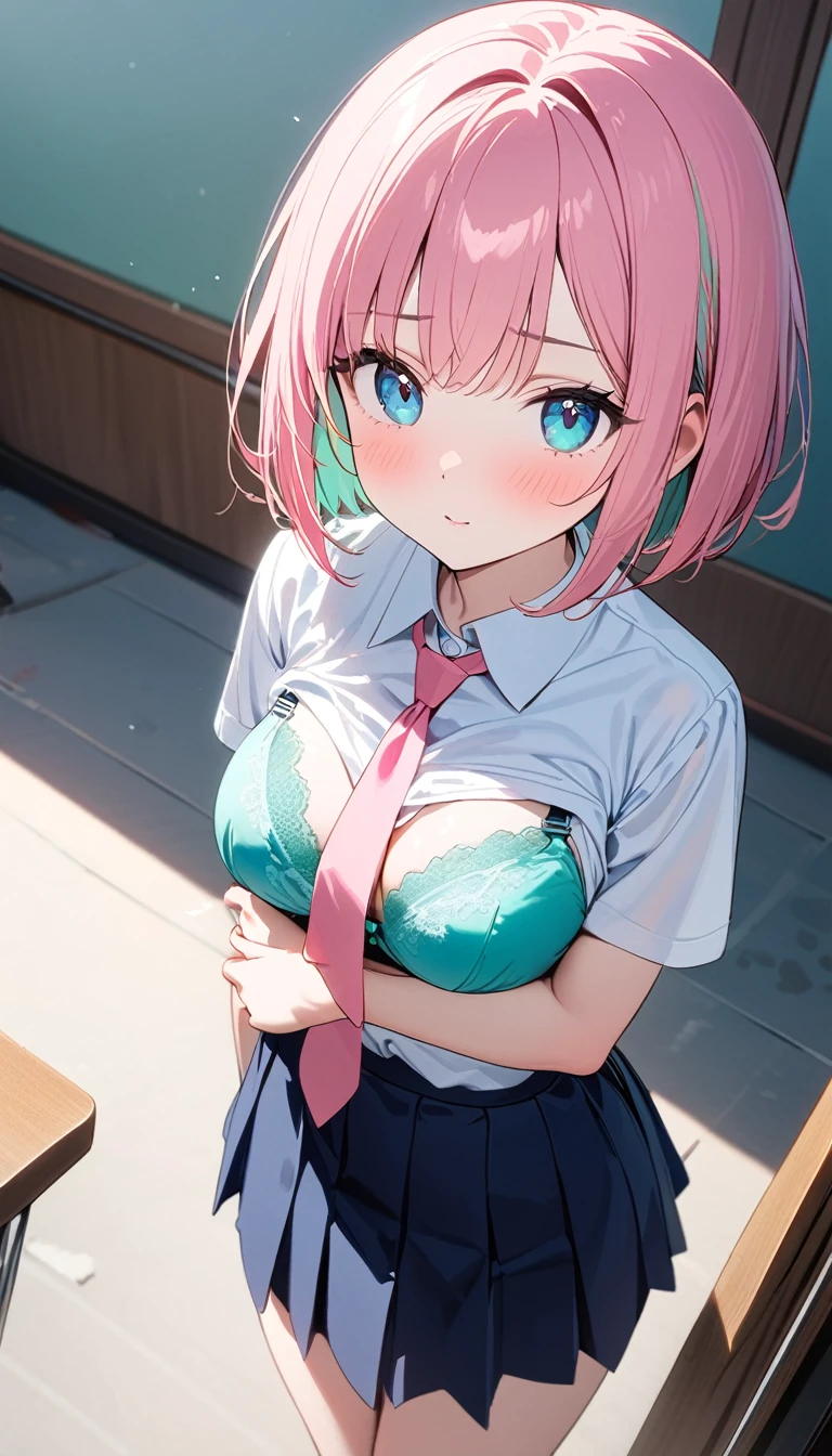 (1 girl),(Best Picture Quality, 8K, Masterpiece:1.3), (high school student:1.5), (pink lob hair:1.1), [mintgreen hair:0.1], (bob cut), (slant skyblue eyes), ((school uniform, white short simple sleeve shirt, darkblue skirt, pink tie)), (glistening skin:1.1),(pale skin:1.1), (standard weight), (medium breasts), (mintgreen lace bra),(mintgreen lace panties:1.1), 