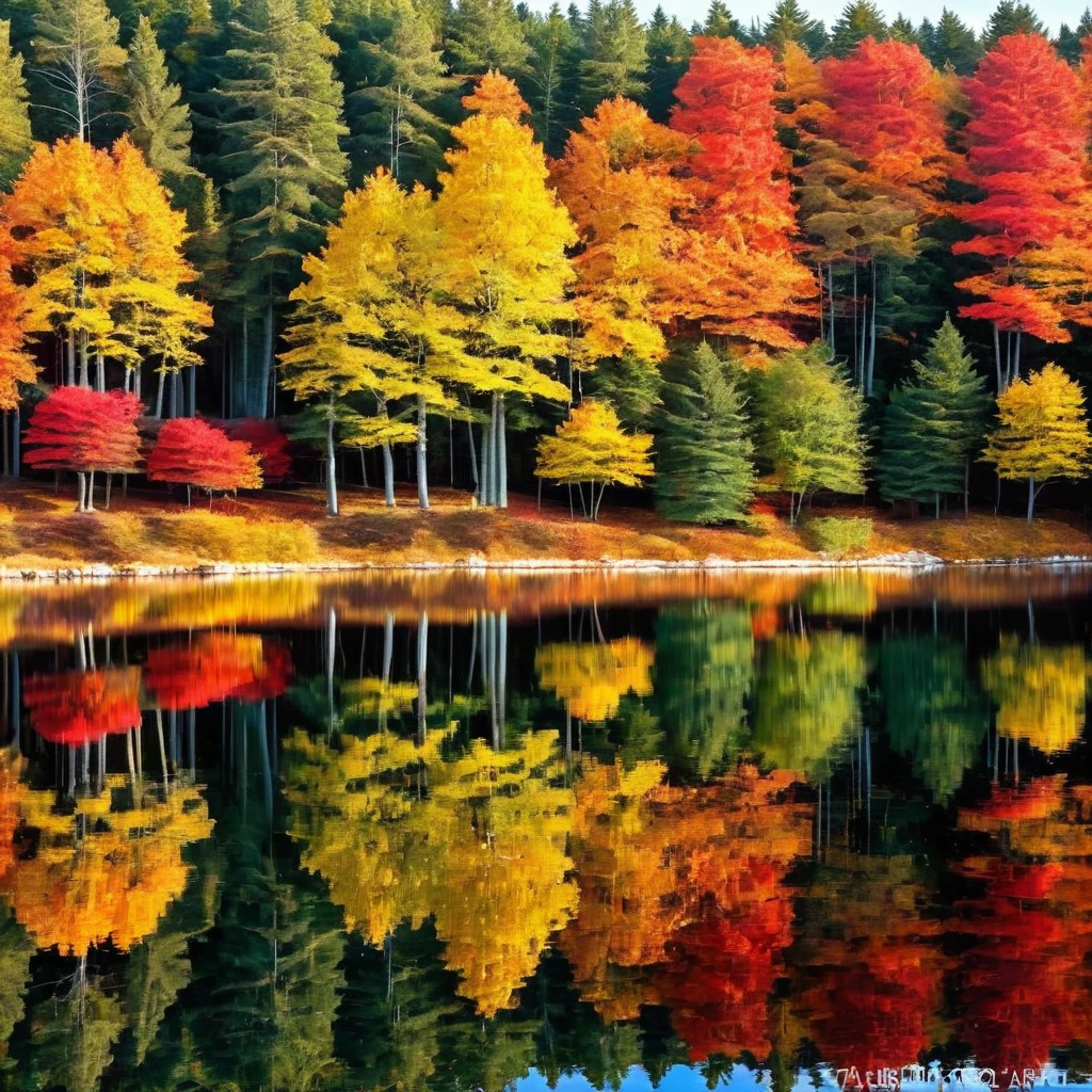 Produce an autumnal landscape with a mirrored lake. Portray a forest of trees with leaves in various shades of red, orange, and yellow. The still lake should reflect the foliage, creating a double image of the vibrant autumn colors.