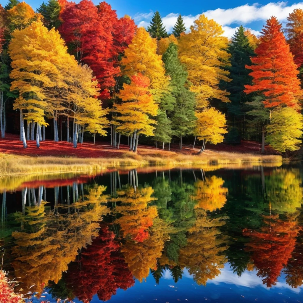 Produce an autumnal landscape with a mirrored lake. Portray a forest of trees with leaves in various shades of red, orange, and yellow. The still lake should reflect the foliage, creating a double image of the vibrant autumn colors.