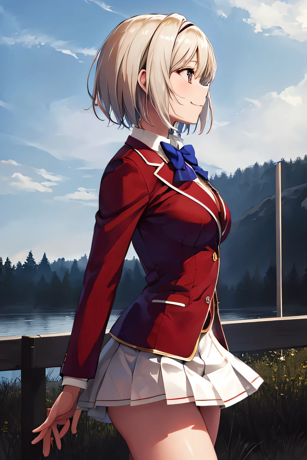 masterpiece, Highest quality, High resolution, Akiyo, short hair, Hair Intake, White hair band, Blue bow tie, Collared shirt, blazer, Red jacket, Long sleeve, White Skirt, Pleated skirt, Black socks, Cowboy Shot, Are standing, Outdoor, profile, Arms at your sides, smile, Open your mouth,Walking