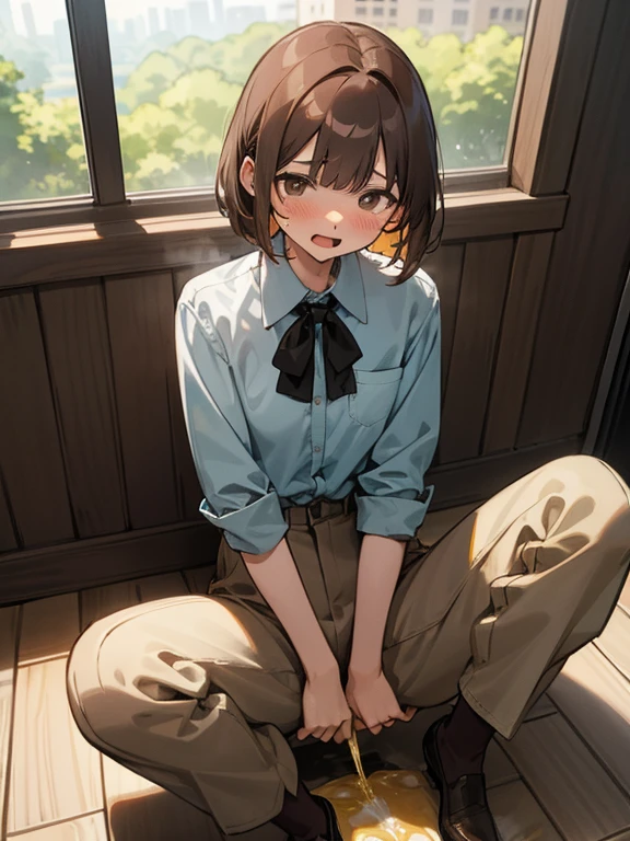 Masterpiece、high resolution、female、Brown shorthair、Blue buttoned shirt、Brown pants、((Peeing))、(((Pee)))、I'm in trouble、Embarrassing、Trouble、cry、Blushing cheekouth breathing、(Open your mouth)、Hold the crotch、手でHold the crotch、Spread your legs、Sitting on the floor、ローアングル
