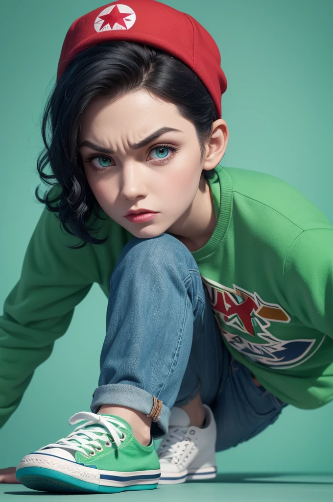 Funnily film character, disney pixar style,3d,with short wavy black hair, blue all star sneakers, green eyes, Red cap, jeans, face with angry expression, Light green skin, white background 8k quality