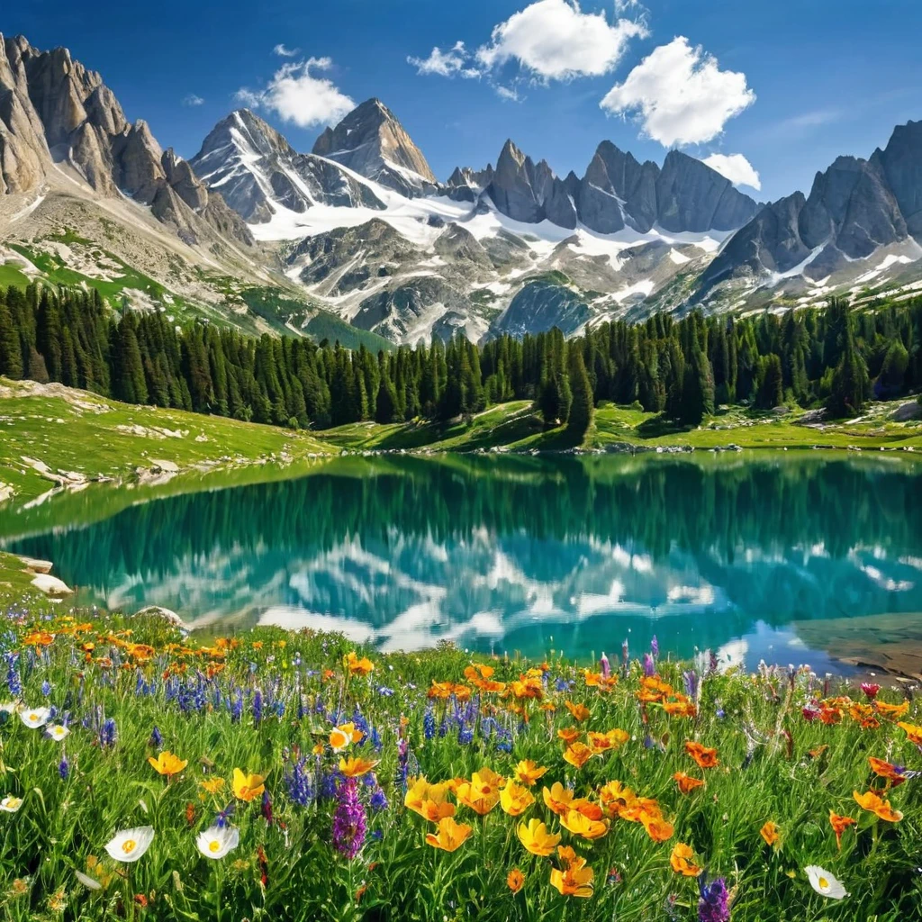 Craft a scene in the heart of the mountains. Capture a pristine alpine lake nestled among towering peaks. Ensure the water mirrors the grandeur of the mountains, reflecting their snowy summits and colorful wildflowers.