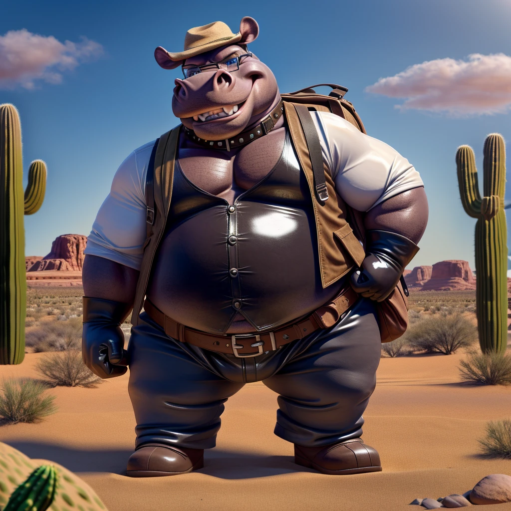 Male, fat, extremely obese, Hippopotamus, blue eyes, (posing:1.3), (soft shading), 4k, hi res, ((detailed face, detailed)), looking at viewer, evil grin, desert, cactus, shirt, hat, male focus, Explorer Outfit, glasses, pants, bag, vest, backpack, sleeves rolled up, round eyewear, brown headwear, brown vest, Hippopotamus is wearing a glossy leather dog collar around the neck, Hippopotamus is wearing the leather collar and shirt and vest at the same time, Hippopotamus is wearing glossy white rubber gloves on the hands, gloves are rubber in texture, clenching teeth, clenching fists, leather collar is glossy and shiny with a lot of detail.