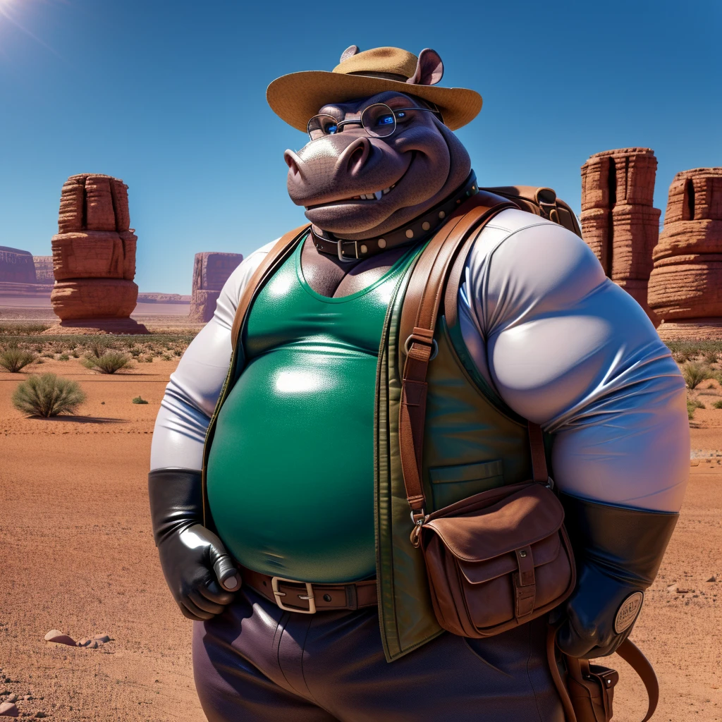 Male, fat, extremely obese, Hippopotamus, blue eyes, (posing:1.3), (soft shading), 4k, hi res, ((detailed face, detailed)), looking at viewer, evil grin, desert, cactus, shirt, hat, male focus, Explorer Outfit, glasses, pants, bag, vest, backpack, sleeves rolled up, round eyewear, brown headwear, brown vest, Hippopotamus is wearing a glossy leather dog collar around the neck, Hippopotamus is wearing the leather collar and shirt and vest at the same time, Hippopotamus is wearing glossy white rubber gloves on the hands, gloves are rubber in texture, clenching teeth, clenching fists, leather collar is glossy and shiny with a lot of detail.