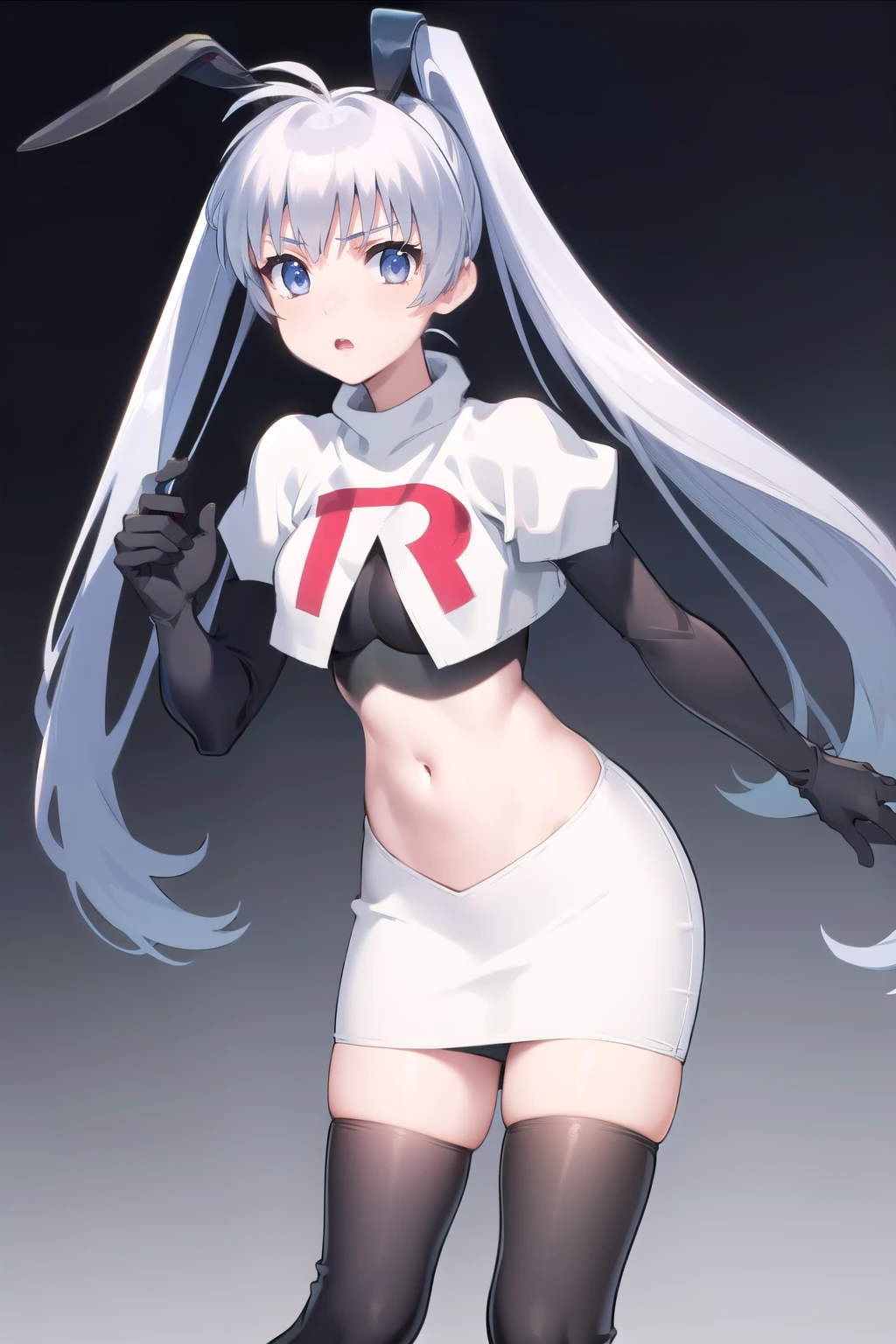 solo, Yashiro Kasumi, twintails, blue eyes, white hair, fake rabbit ears, team rocket,team rocket uniform,white skirt,red letter R,crop top,black thigh-highs,black elbow gloves