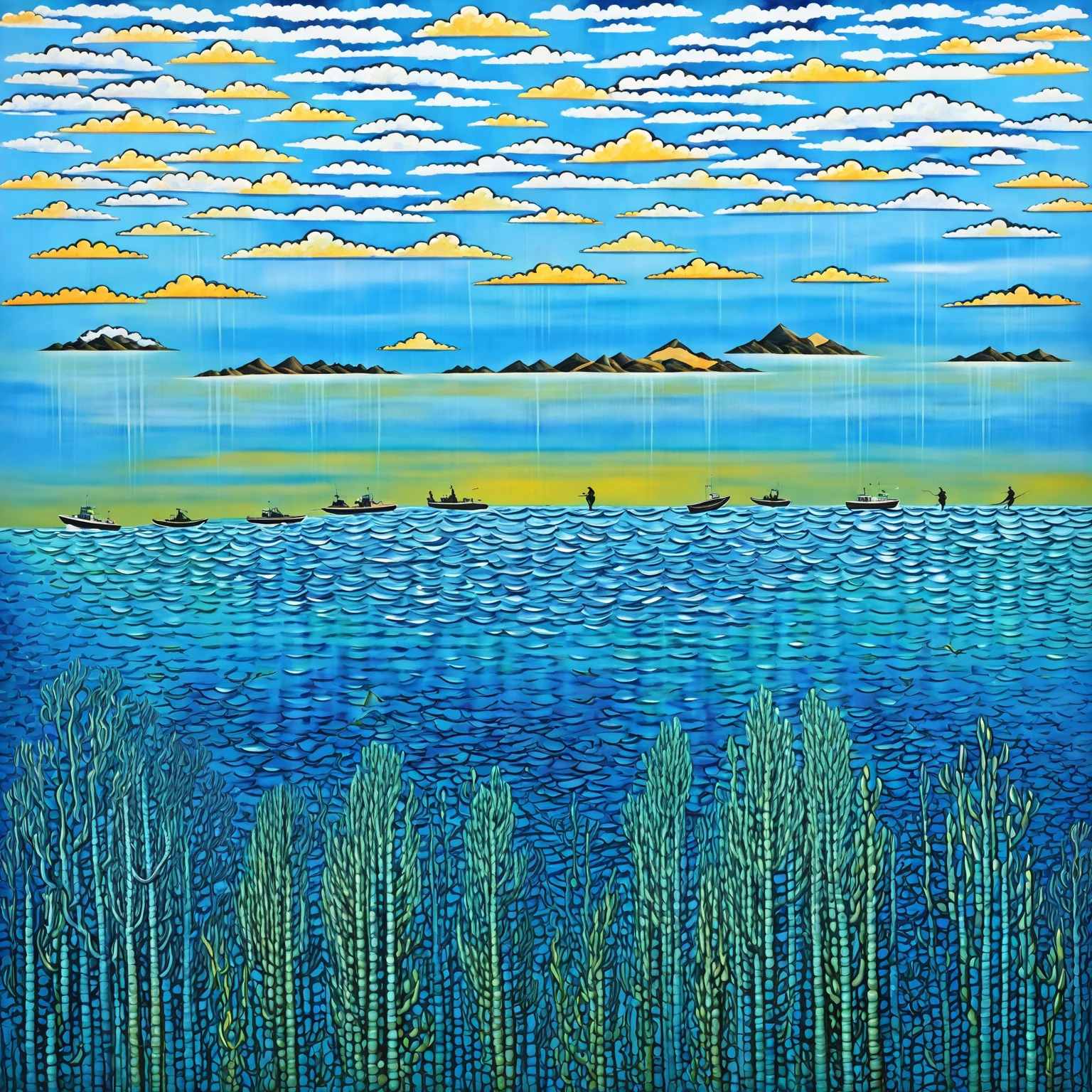 hand painted painting divided in half blue sky full of beautiful clouds, horizon hills, fighters, tourist coastal towns, and in the water divers exploring the underwater depths