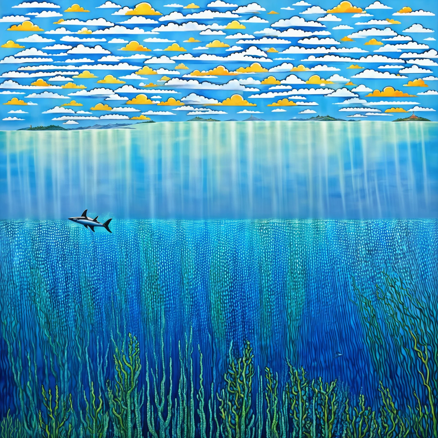 hand painted painting divided in half blue sky full of beautiful clouds, horizon hills, fighters, tourist coastal towns, and in the water divers exploring the underwater depths