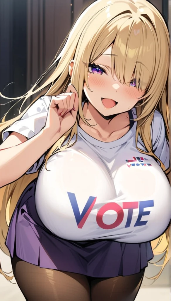 ((Best Quality)), ((Masterpiece)), (detailed), 1 girl, Pastel yellow hair, long hair, hair covers one eye, purple eyes, big breasts, big thighs, I expressed smiling, Open mouth, blushing, white vote t-shirt, purple skirt, brown pantyhose