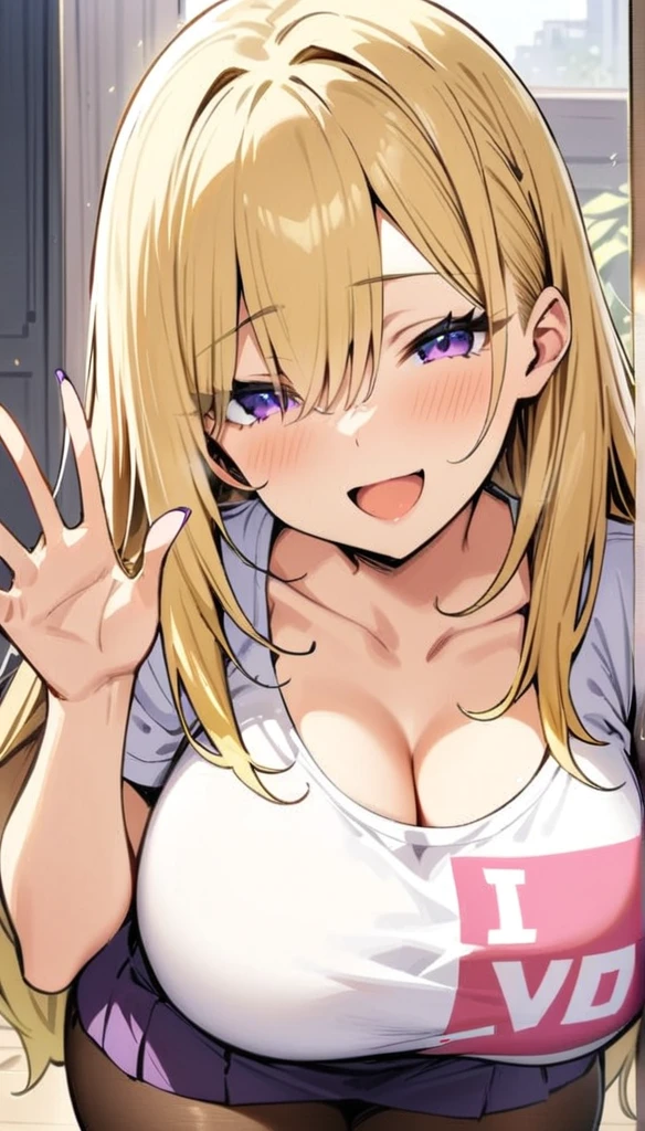 ((Best Quality)), ((Masterpiece)), (detailed), 1 girl, Pastel yellow hair, long hair, hair covers one eye, purple eyes, big breasts, big thighs, I expressed smiling, Open mouth, blushing, white vote t-shirt, purple skirt, brown pantyhose
