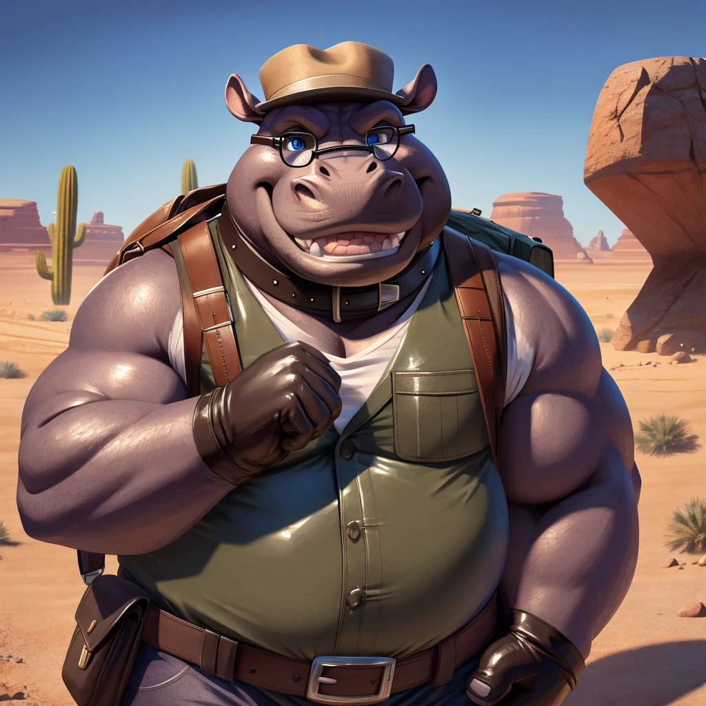 Male, fat, extremely obese, Hippopotamus, blue eyes, (posing:1.3), (soft shading), 4k, hi res, ((detailed face, detailed)), looking at viewer, evil grin, desert, cactus, shirt, hat, male focus, Explorer Outfit, glasses, pants, bag, vest, backpack, sleeves rolled up, round eyewear, brown headwear, brown vest, Hippopotamus is wearing a glossy leather dog collar around the neck, Hippopotamus is wearing the leather collar and shirt and vest at the same time, Hippopotamus is wearing glossy white rubber gloves on the hands, gloves are rubber in texture, clenching teeth, clenching fists, leather collar is glossy and shiny with a lot of detail.