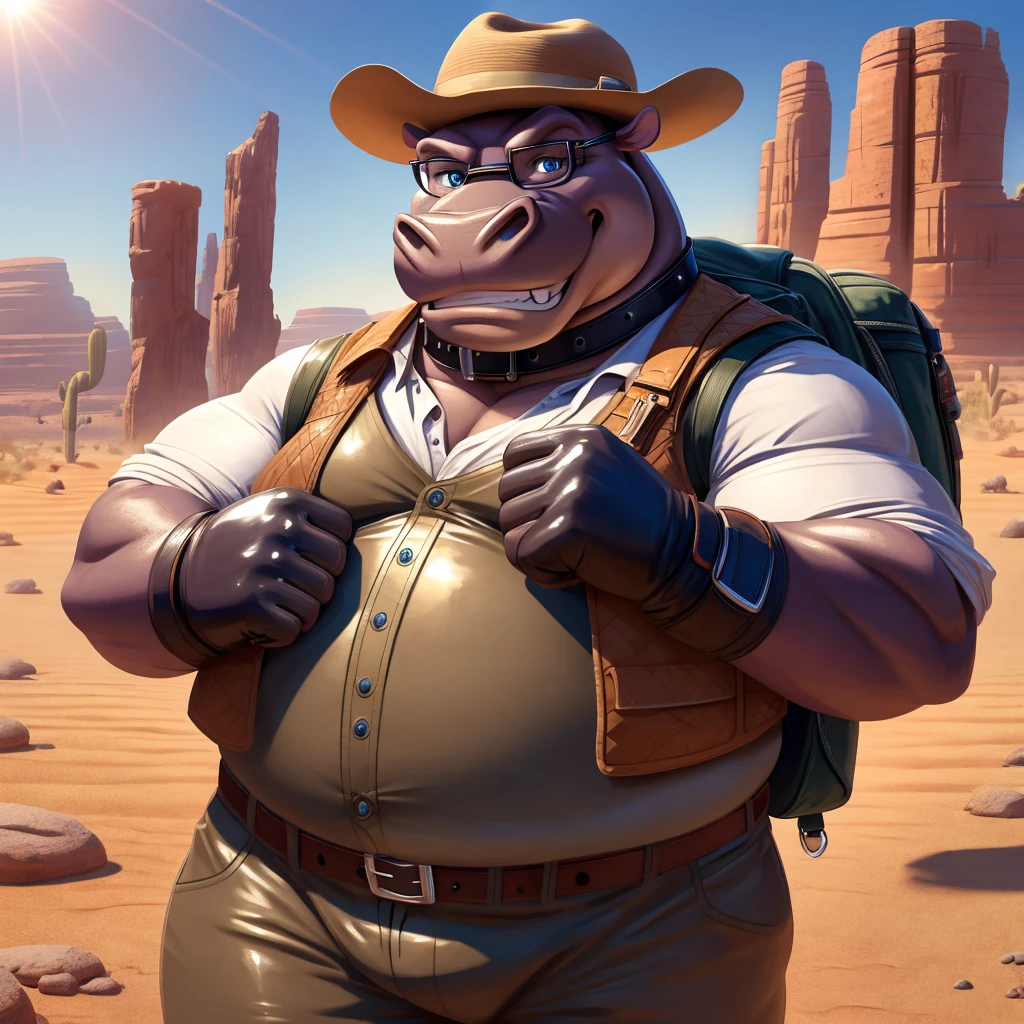 Male, fat, extremely obese, Hippopotamus, blue eyes, (posing:1.3), (soft shading), 4k, hi res, ((detailed face, detailed)), looking at viewer, evil grin, desert, cactus, shirt, hat, male focus, Explorer Outfit, glasses, pants, bag, vest, backpack, sleeves rolled up, round eyewear, brown headwear, brown vest, Hippopotamus is wearing a glossy leather dog collar around the neck, Hippopotamus is wearing the leather collar and shirt and vest at the same time, Hippopotamus is wearing glossy white rubber gloves on the hands, gloves are rubber in texture, clenching teeth, clenching fists, leather collar is glossy and shiny with a lot of detail.