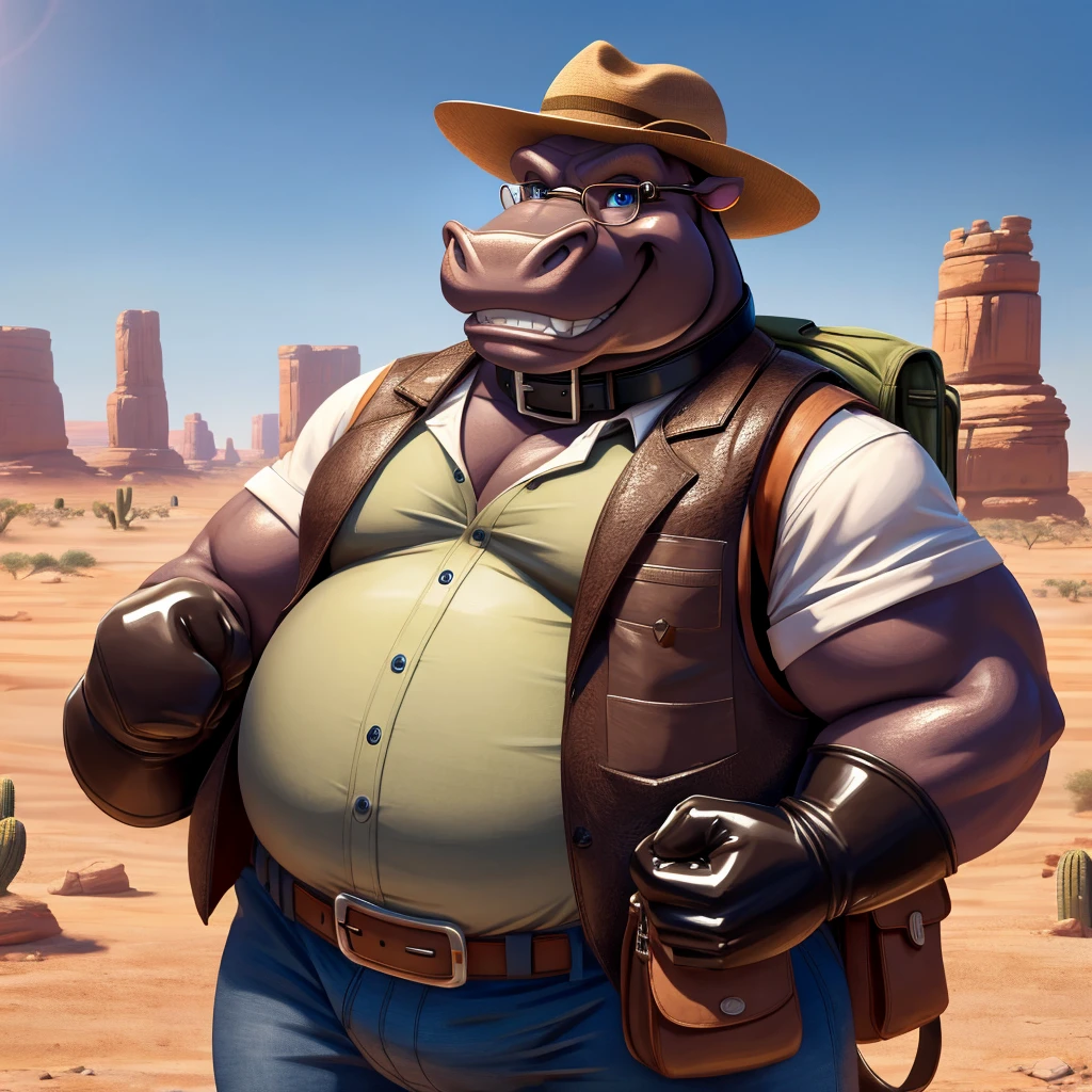 Male, fat, extremely obese, Hippopotamus, blue eyes, (posing:1.3), (soft shading), 4k, hi res, ((detailed face, detailed)), looking at viewer, evil grin, desert, cactus, shirt, hat, male focus, Explorer Outfit, glasses, pants, bag, vest, backpack, sleeves rolled up, round eyewear, brown headwear, brown vest, Hippopotamus is wearing a glossy leather dog collar around the neck, Hippopotamus is wearing the leather collar and shirt and vest at the same time, Hippopotamus is wearing glossy white rubber gloves on the hands, gloves are rubber in texture, clenching teeth, clenching fists, leather collar is glossy and shiny with a lot of detail.