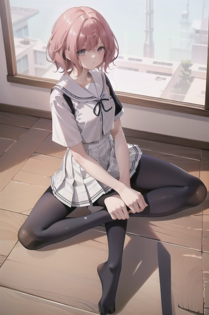 (8K、Best image quality、Highest quality、masterpiece)、One tall girl、((whole body))、Sit on the floor with your legs spread、White panties are visible、Madoka Higuchi、blush、Medium Bust、White collared shirt、Short sleeve、((Checkered pleated mini skirt))、Classroom Background、((black tights))、Black Pantyhose、((No shoes))、View your viewers