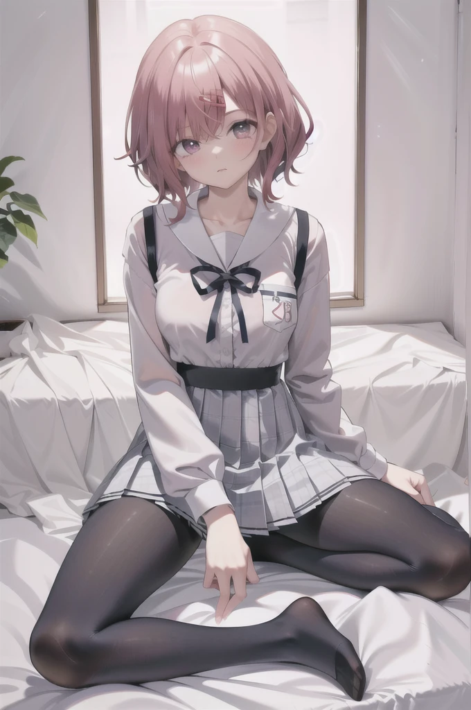 (8K、Best image quality、Highest quality、masterpiece)、One tall girl、((whole body))、Sit on the floor with your legs spread、White panties are visible、Madoka Higuchi、blush、Medium Bust、White collared shirt、Short sleeve、((Checkered pleated mini skirt))、Classroom Background、((black tights))、Black Pantyhose、((No shoes))、View your viewers