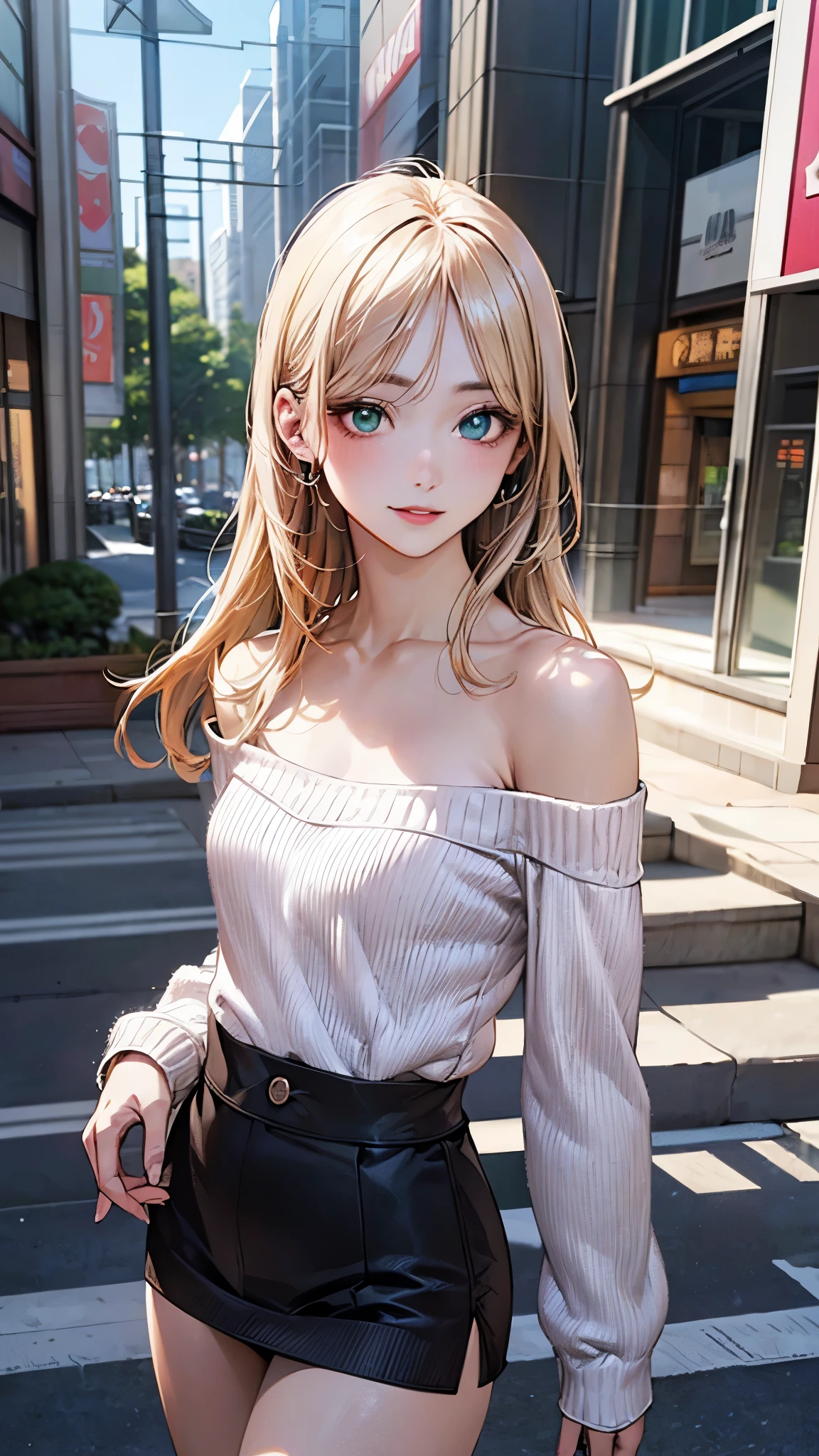 (masterpiece:1.2, top-quality), (realistic, photorealistic:1.4), beautiful illustration, (natural side lighting, movie lighting), nsfw,
beautiful detailed hair, beautiful detailed face, beautiful detailed eyes, beautiful clavicle, beautiful body, beautiful chest, beautiful thigh, beautiful legs, beautiful hands,
looking at viewer, 1 girl, japanese, high school girl, (perfect anatomy, anatomically correct, super detailed skin), cute and symmetrical face, perfect face, perfect eyes, shiny skin,
(long hair, straight hair, ash blonde hair), swept bangs, emerald greeneyes, slant eyes, big eyes, long eye lasher, (medium breasts), (small ass, thin thighs), slender, outstanding style,
(detailed cloth texture, light violet long sleeve off-shoulder sweater dress, black tanktop),
(beautiful scenery), summer, morning, (shopping mall), walking, (seductive smile, upper eyes, parted lips),