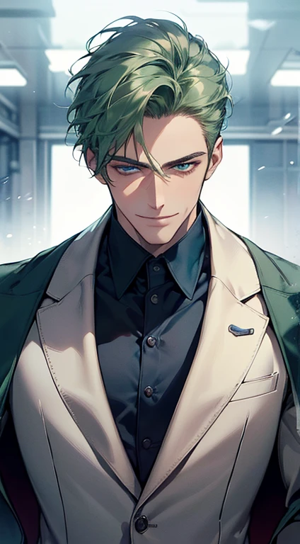 (best quality, masterpiece, 8K, photorealistic, cinematic lighting, 1:4 hdr image, ultra detailed, beautiful image), a mature man, 25 years very handsome, ((cold expression smile in love)), short green hair, blue eyes, face perfect without mistakes, ((buttoning his jacket, CEO)), smile.