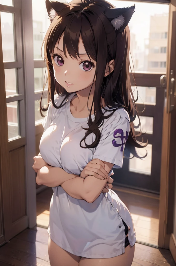 1 female, ONE PIECE STYLE, small kid dog girl, realistic lips oversized white t-shirt going all the way to the thighs, arms crossed propping up breast, hourglass figure, cat ears, in an apartment, sigh, light brown hair, purple eyes, laughing, best quality.