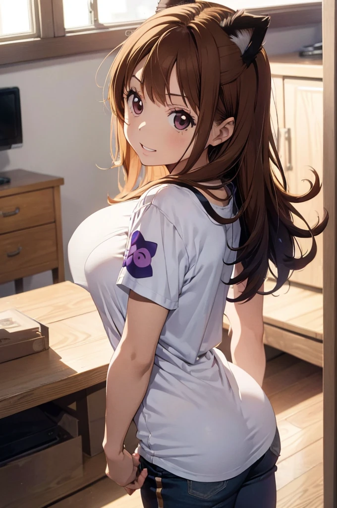 1 female, ONE PIECE STYLE,  dog girl, realistic lips oversized white t-shirt going all the way to the thighs, arms crossed propping up breast, hourglass figure, cat ears, in an apartment, sigh, light brown hair, purple eyes, laughing, best quality.