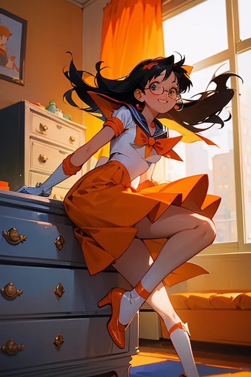 A black-haired, freckled, glasses-wearing girl dressed as Sailor Venus, wearing white gloves and orange high heels, smiling gently in her room.